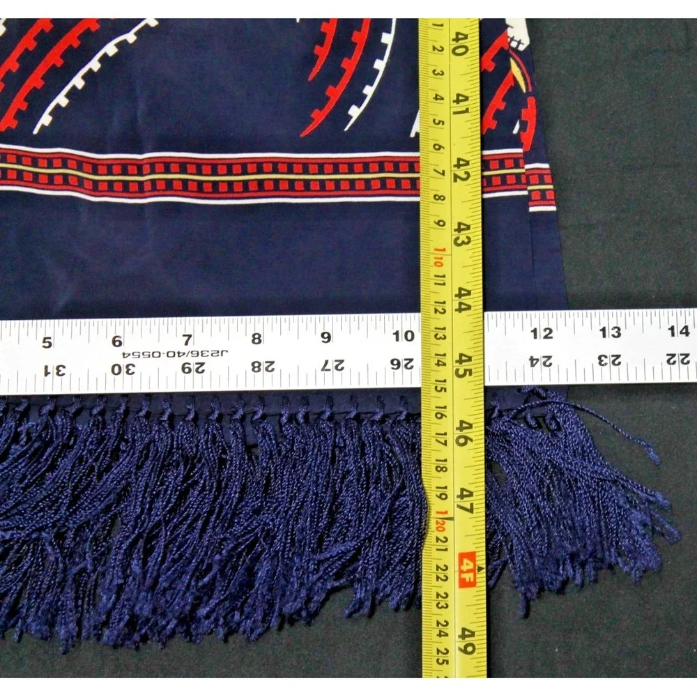 Vintage Rayon Fringe Scarf Navy Blue Red Geometric Abstract Pattern 12x48